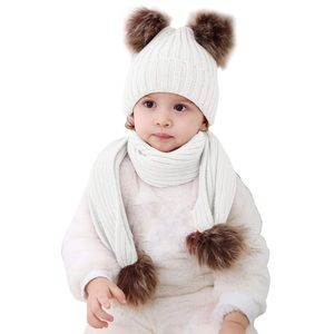 Baby/Toddler White Knit Beanie and Scarf Set with Pom Poms